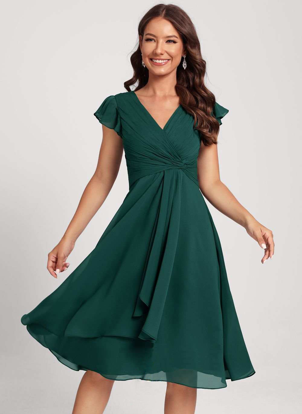 Lvs&Broner Simple Dark Green Chiffon V Neck Ruffles Short Sleeves Pleated Short Dress 