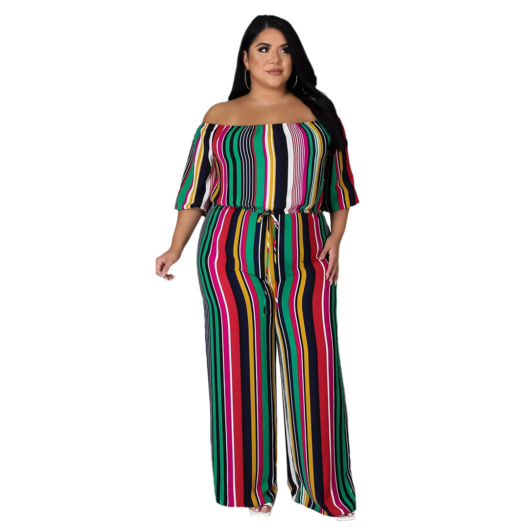 Plus Size Plus Size Women Nightclub Colorful Stripes Lace-up Wide-Leg Jumpsuit