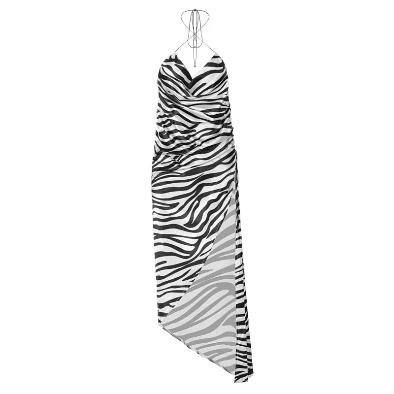 Hawthaw Women Summer V Neck Halter Zebra Striped Backless Beach Open Fork Long Dress Sundress 2021 Female Clothing Streetwear