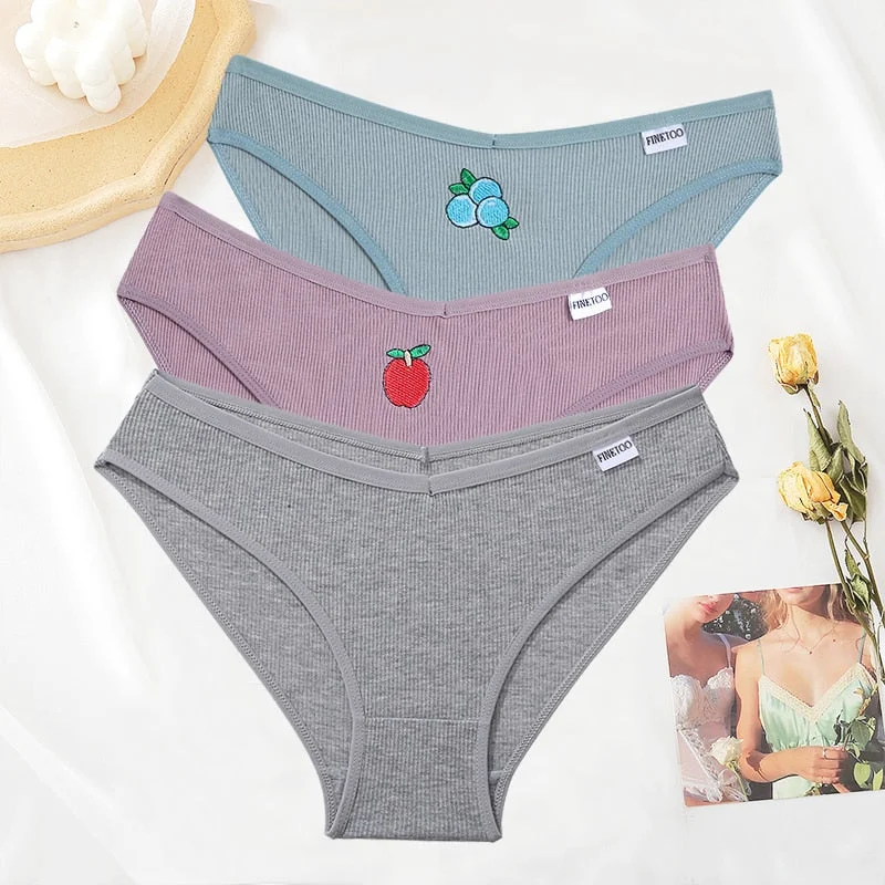 FINETOO 3PCS/Set Women Cotton Embroidery Fruit Panties Underwear V Waist Female M-XL Woman's Briefs Pantys Intimates Lingerie