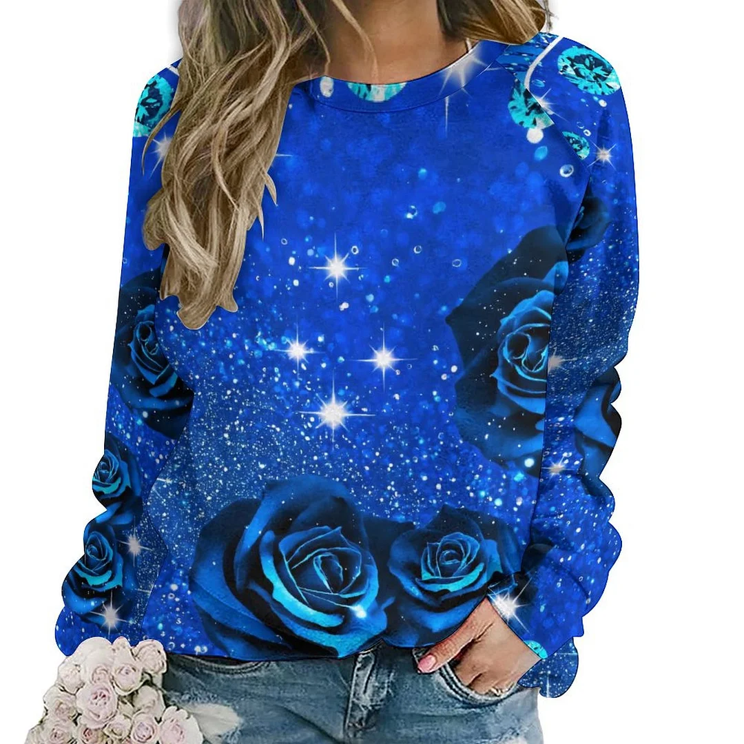 Printed Long Sleeve Casual Sweatshirt for  Women and Men Unisex Pattern Rose, Blue, Glitter