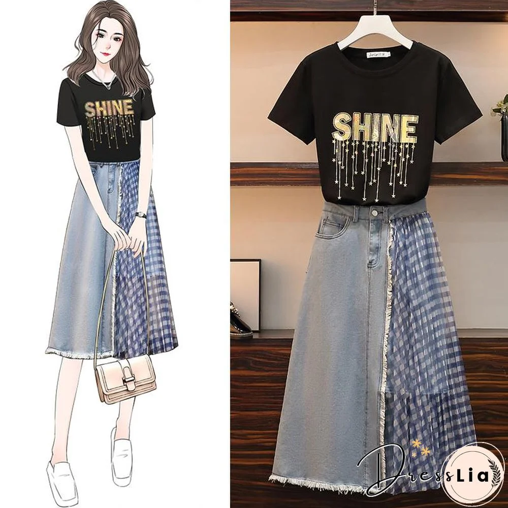 Letter Tee+Patchwork Denim Skirt P13254