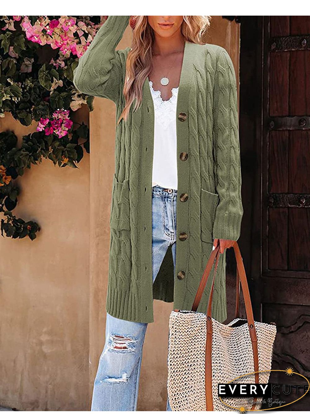 V-neck Single Breasted Pocket Solid Color Knitted Long Sweater