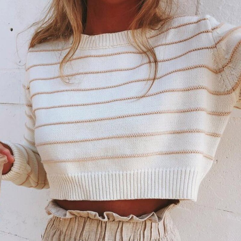 Autumn Outfits Women Knitted Sweater O-Neck Long Sleeve Casual Short Knitted Top