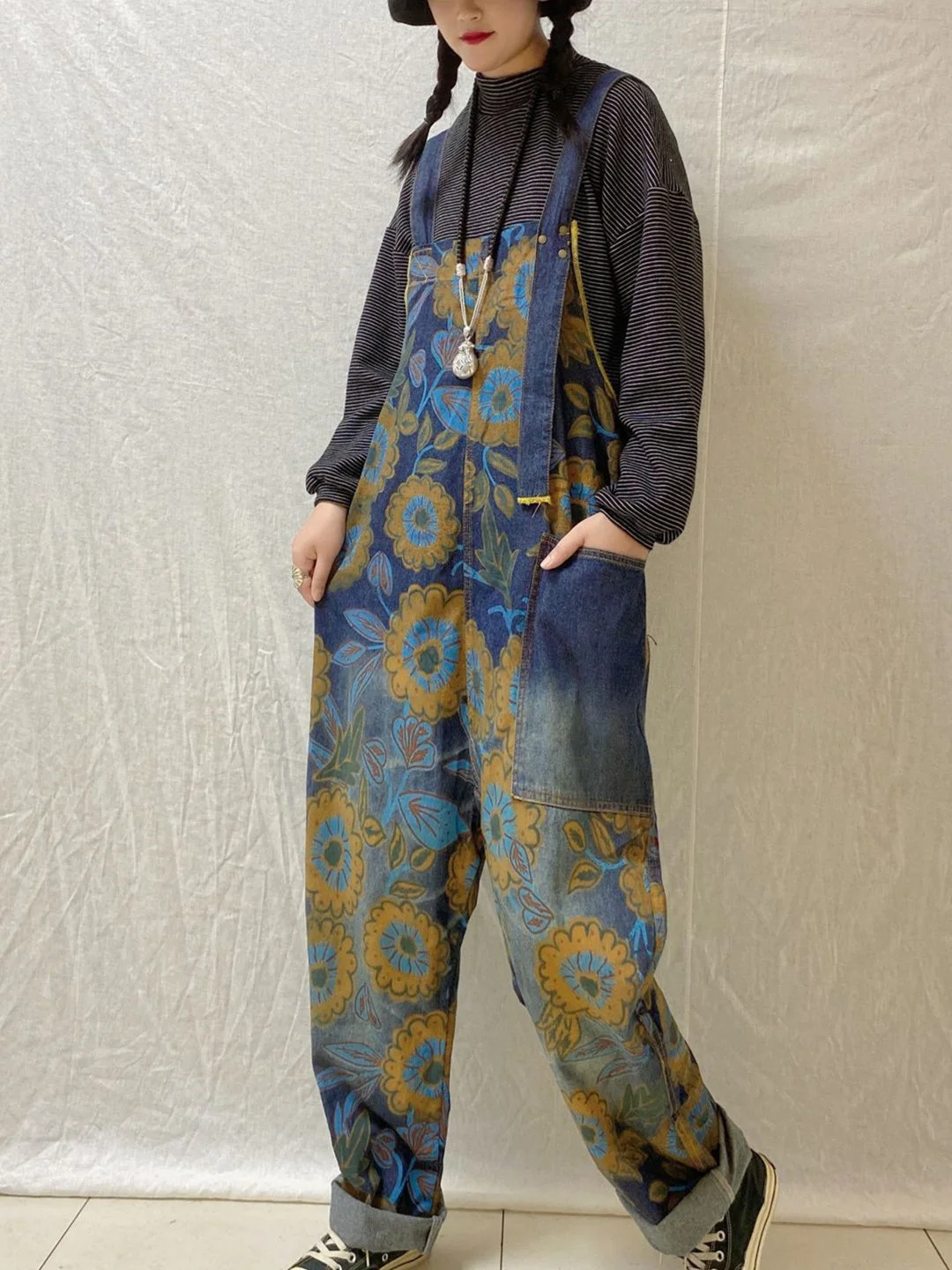 Women's Hole Floral Printed Casual Retro Cropped Workwear Denim Overalls Jumpsuit