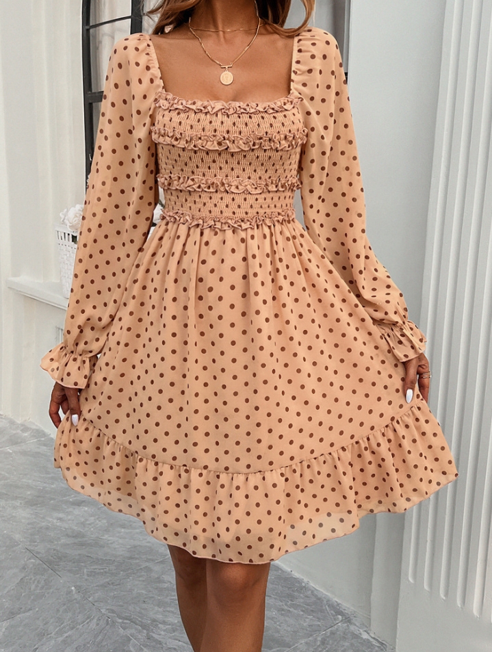 Sxswtravel Women's Sweet Dress 2025 Summer Autumn Latest Style U-Shape Collar Casual Lantern Sleeve Wave Point Long Sleeves Fairy Skirt