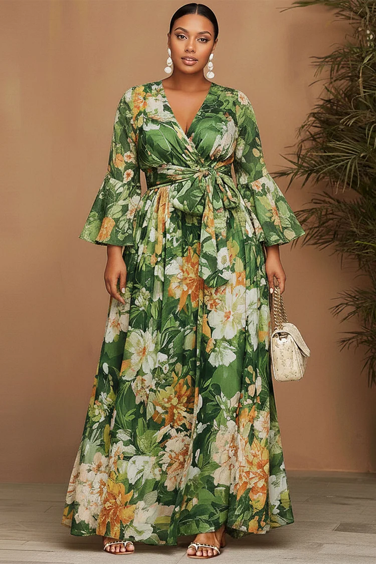 Xpluswear Design Plus Size Vacation Green Floral Wrap Neck Puff Sleeve 3/4 Sleeve Wrap Chiffon Maxi Dresses 2024 - Xpluswear