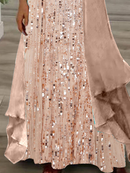 Women's Long Sleeve V-neck Graphic Printed Two Pieces Maxi Dress