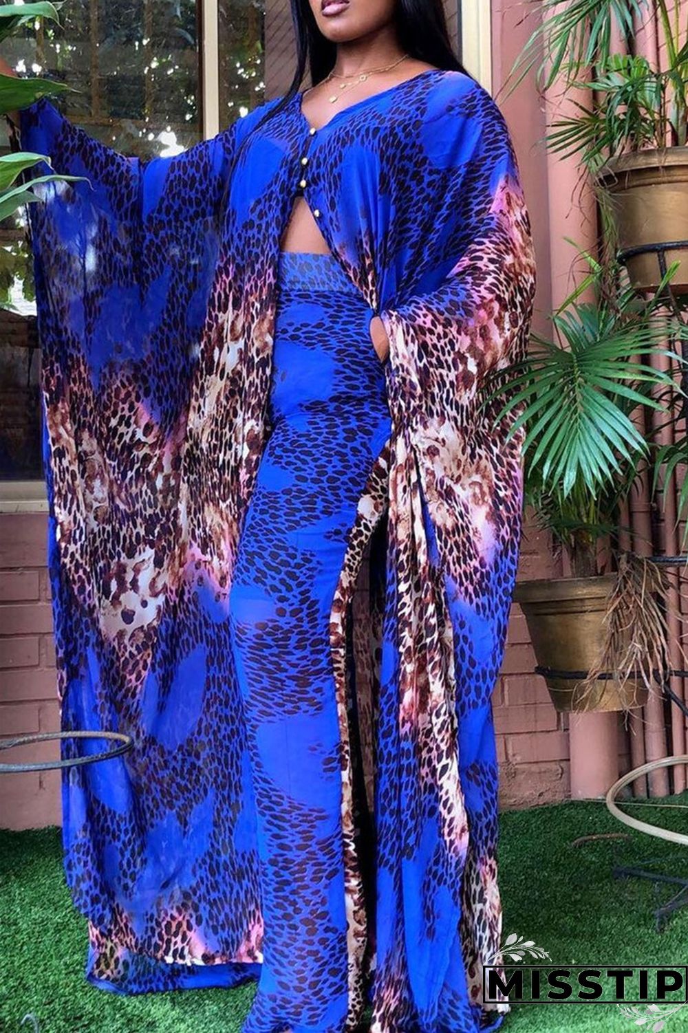Blue Fashion Casual Print Slit V Neck Long Sleeve Two Pieces