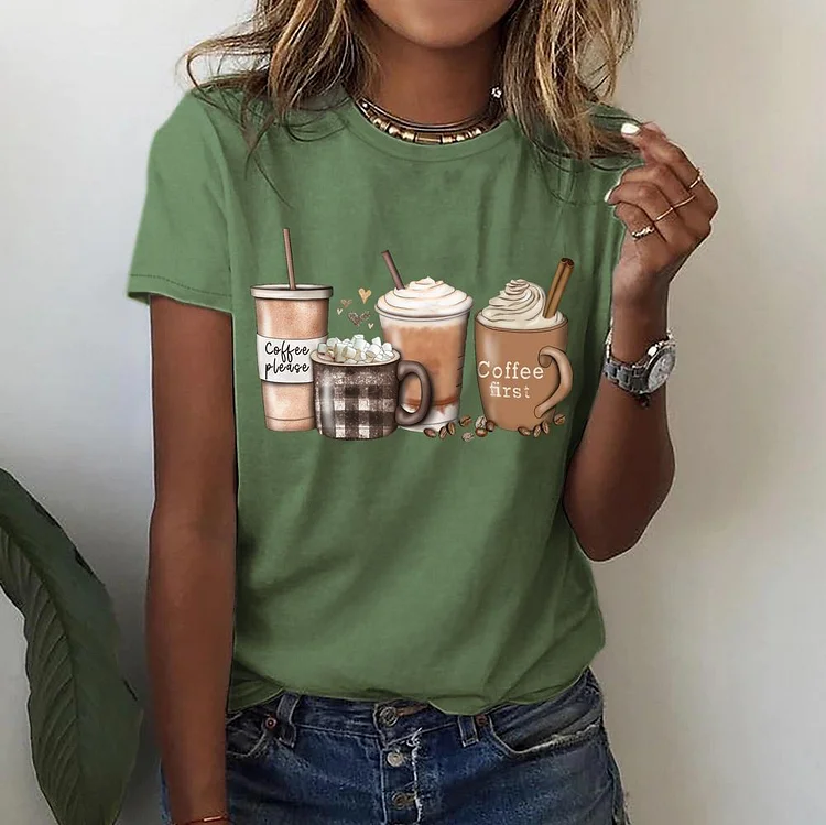 Brown Coffee Cups Round Neck T-shirt-018356