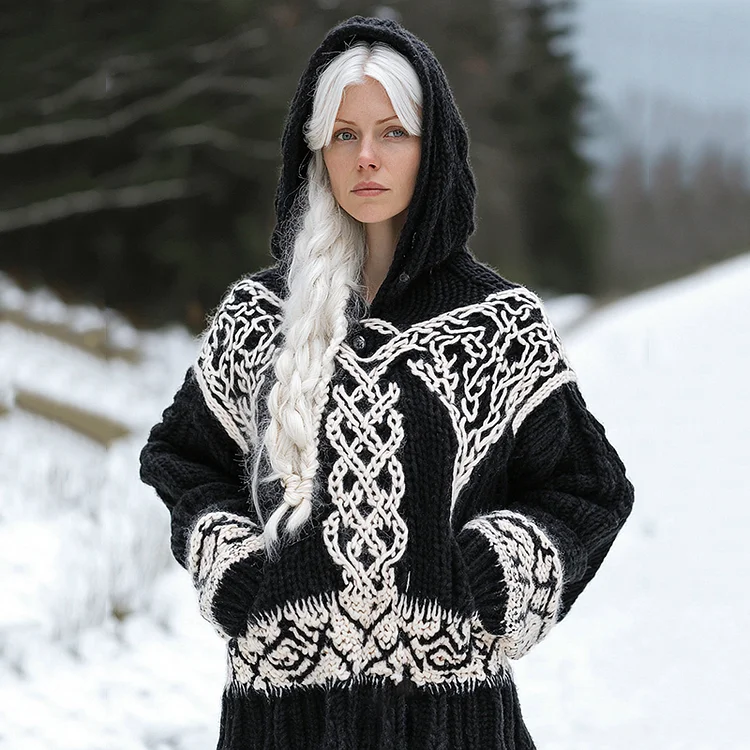 Women's Viking Tribal Jacquard Celtic Inspired Chunky Knit Hooded Sweater