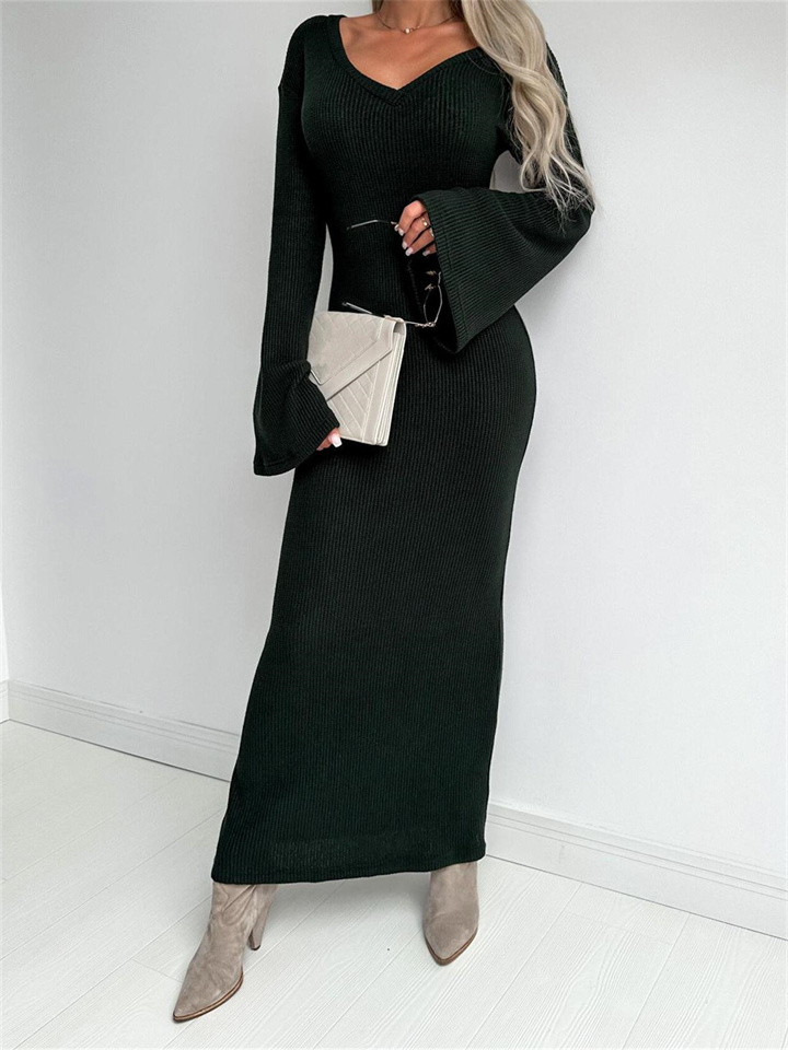 Autumn and Winter New Knitted V-neck Long-sleeved Temperament Elegant Dress Long Elegant Style Women's