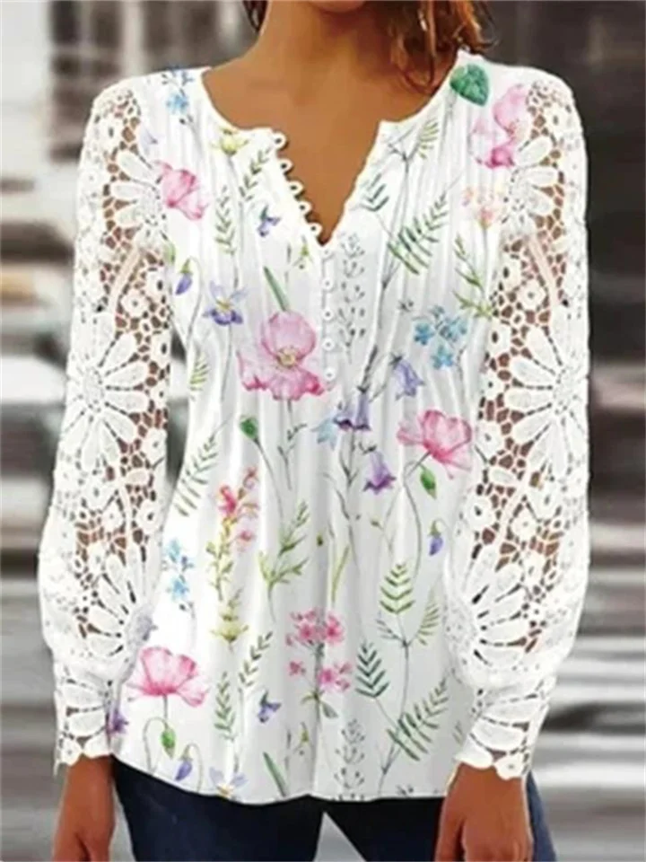 Women's Shirt Blouse White Pink Blue Floral Lace Button Long Sleeve Casual Basic V Neck Regular Floral Puff Sleeve S-JRSEE