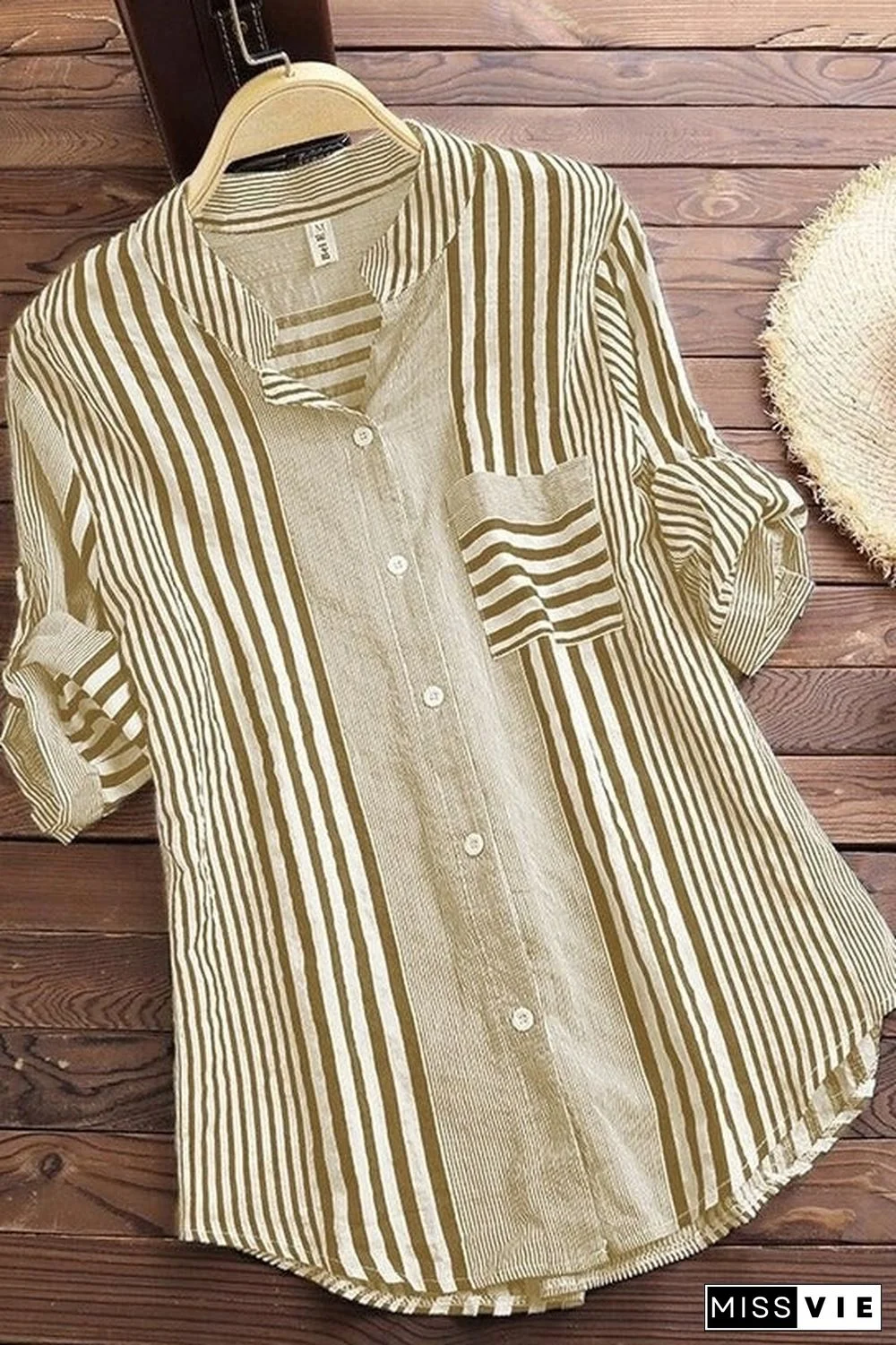 Stripe Print Stand Collar 3/4 Sleeves Blouse