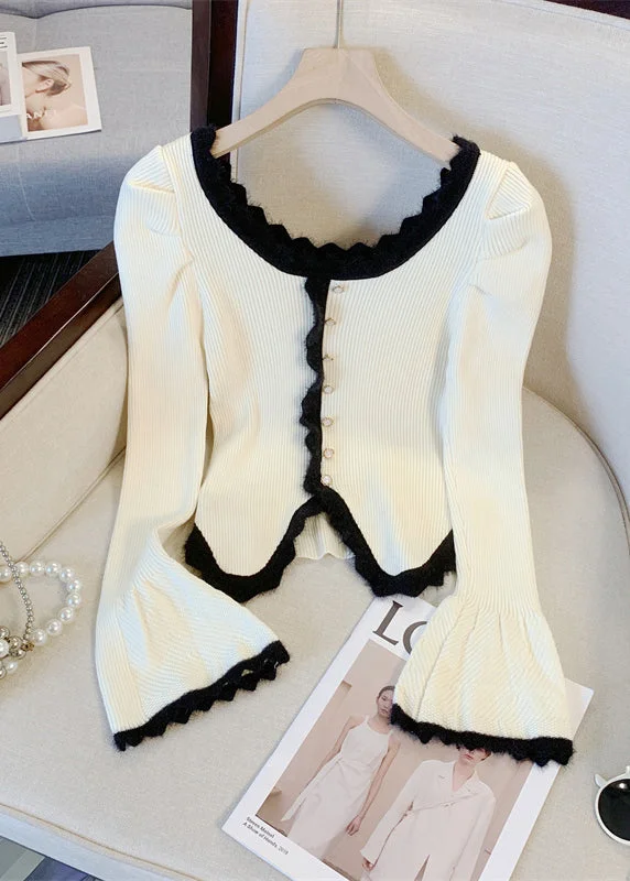 Slim Fit Black Button Patchwork Knit Sweater Flare Sleeve