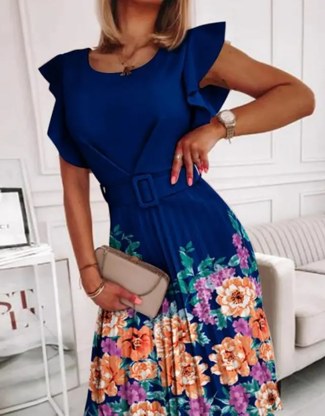 Beautiful Pleated Print Dress For Women summer new crew neck waist belt ruffled short fly