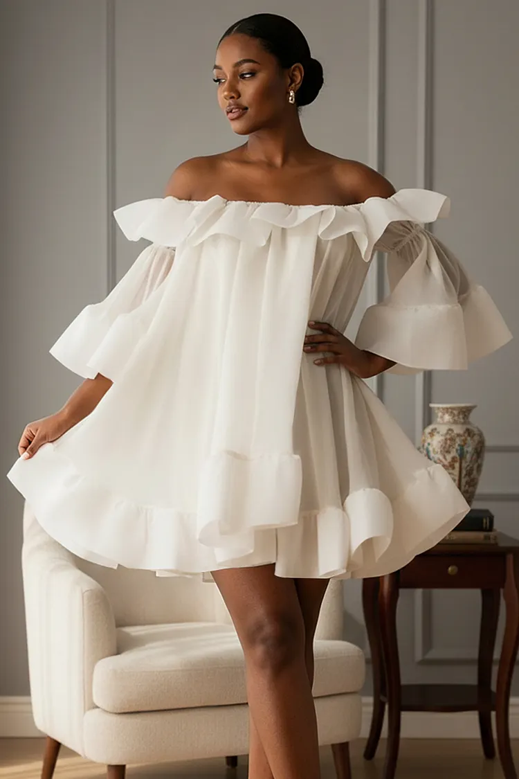 Xpluswear Design Plus Size Party White Off The Shoulder Flare Short Sleeve Ruffle Chiffon Mini Dresses [Pre-Order] 2024 - Xpluswear
