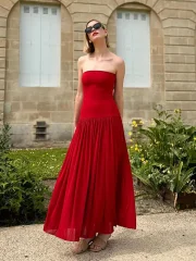 Ejimei 2025 Summer Sexy Red Patchwork Pleated Strapless Maxi Dress Fashion Off Shoulder Sleeveless Dresses Female Party Vacation Robes