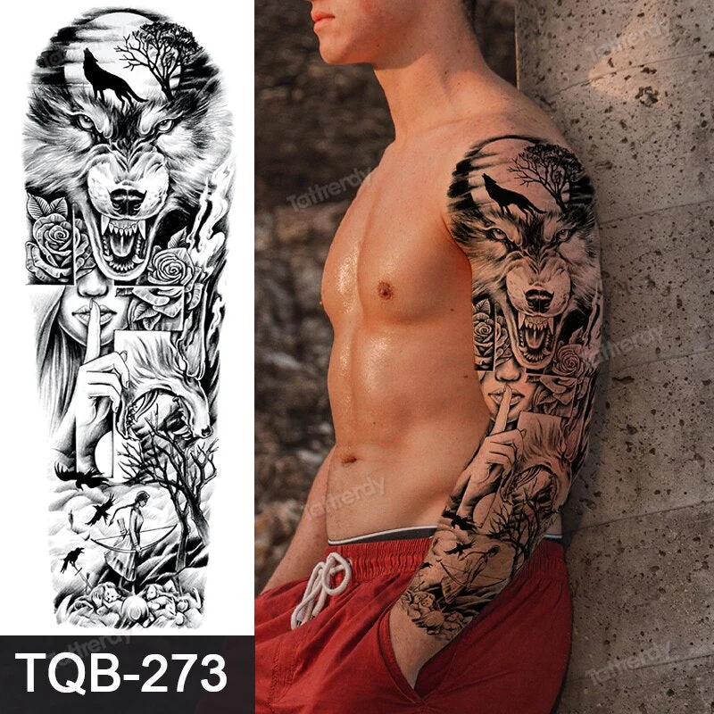 Totem Tribal Dragon Dragon Wolf Temporary Tattoos Full Arm Sleeve Large Body Art Painting Men Adult Sexy Tattoo Waterproof Black