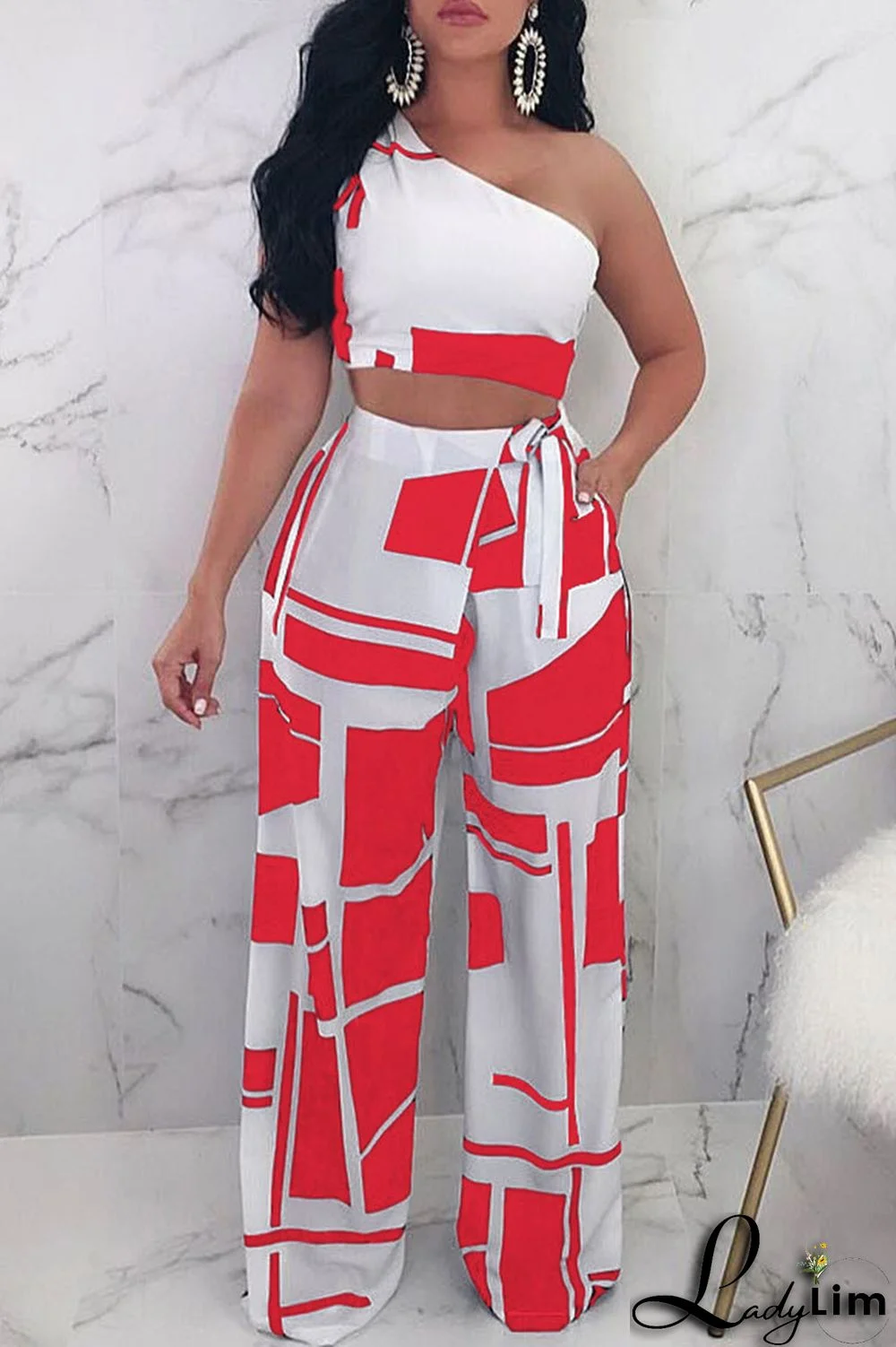 Black Sexy Casual Print Vests Pants One Shoulder Sleeveless Two Pieces