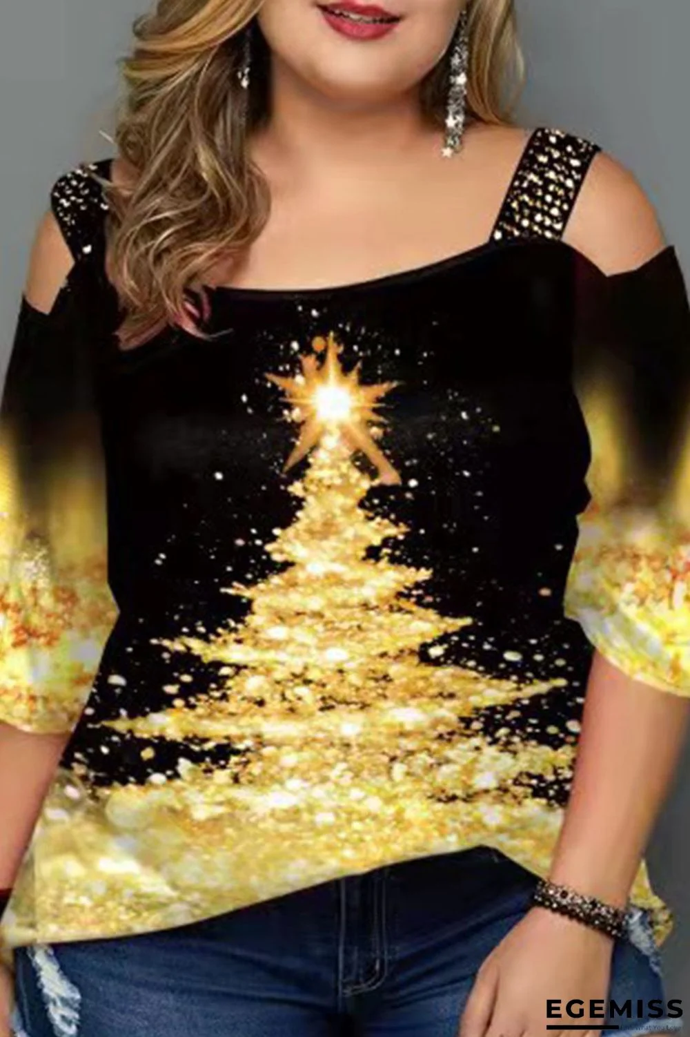 Black Casual Print Patchwork O Neck Plus Size Tops | EGEMISS
