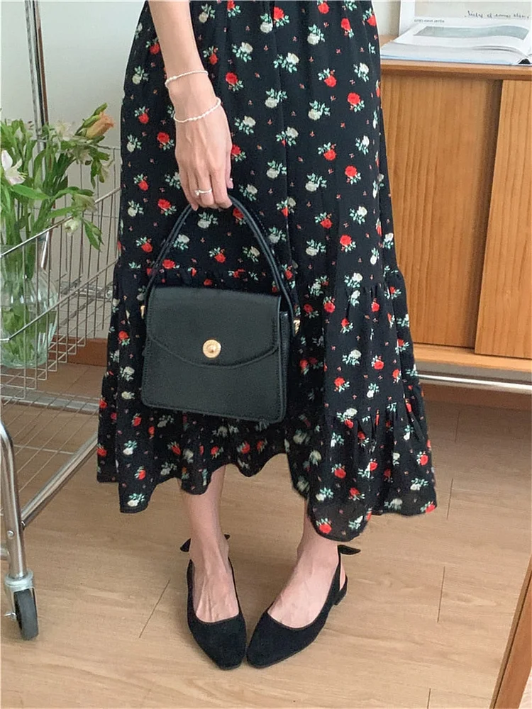 Casual V-neck Floral Printed High Waist Mid-Length Puff Sleeve Dress