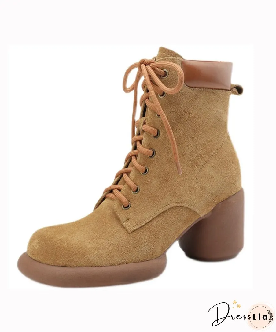 Suede Chunky Heel Boots Apricot Stylish Splicing Lace Up