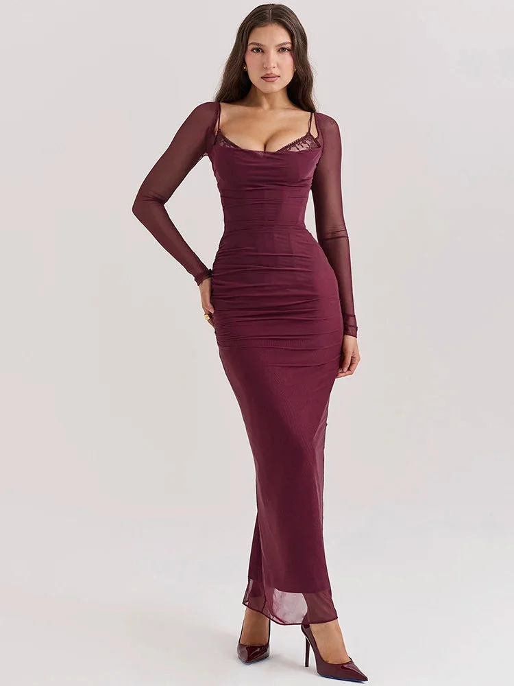 Toloer Burgundy Sheer Long Sleeve Bodycon Maxi Dress-Outfit Ideas