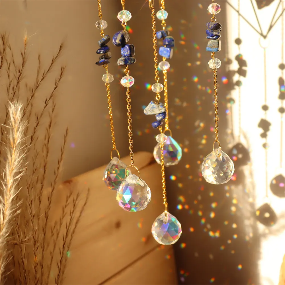 Crystal Wind Chimes Natural Stone Prism Light Catcher Decor (Dark Blue)