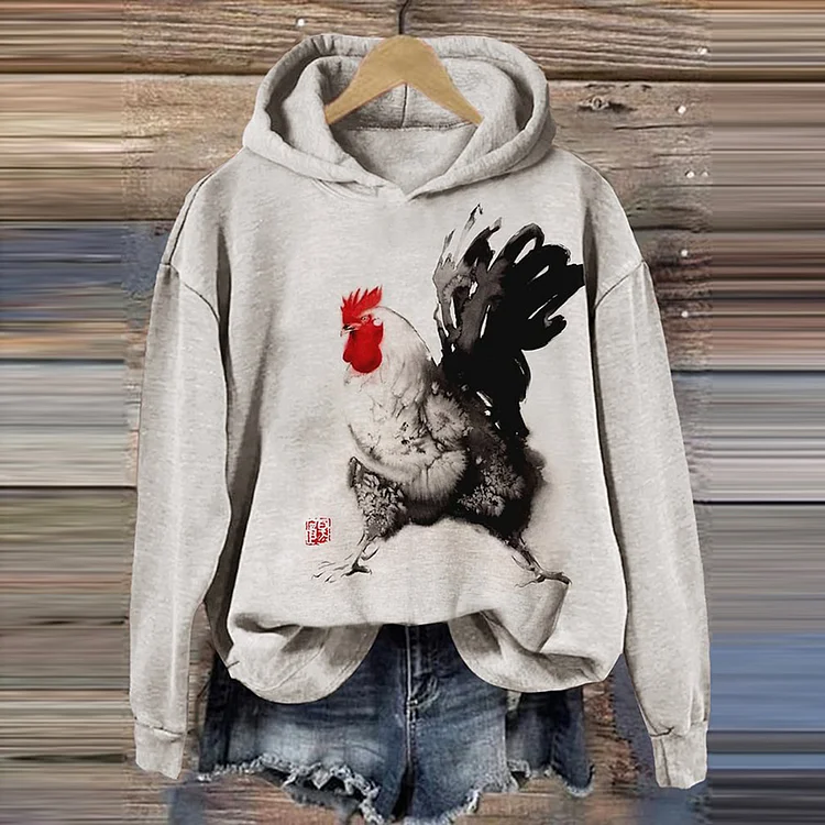 Comstylish Women's Vintage Watercolor Cock Art Painting Print Hoodie