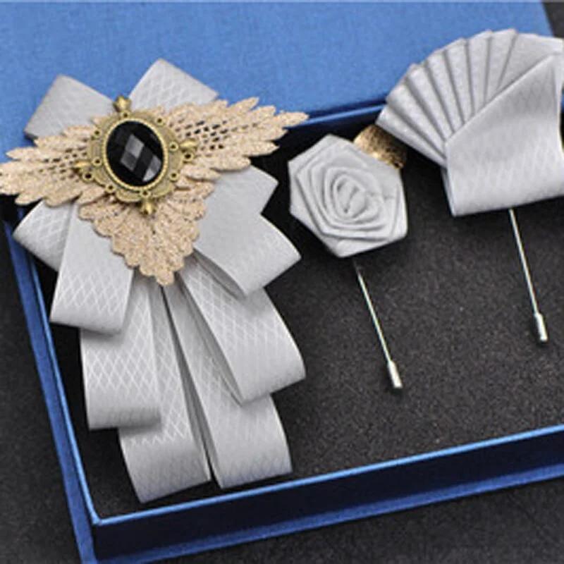 Fashion New Casual Multilayer Bowtie Diamond Brooch Rhinestone Red Bow Tie Brooch Set Wedding Groom Groomsmen Pocket Square Men