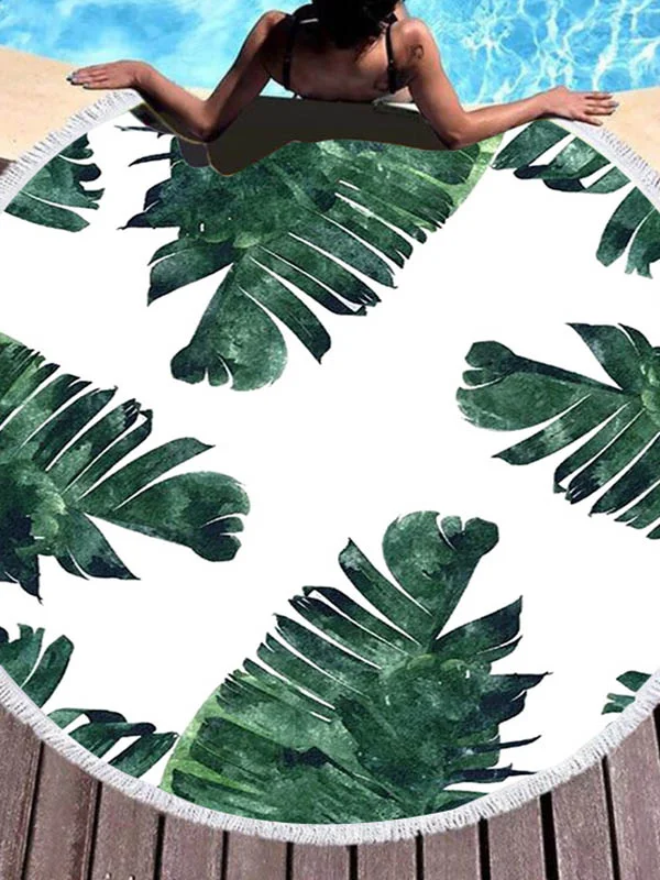 Stylish Leaves Printed Round Shape Tasseled Soft Beach Mat