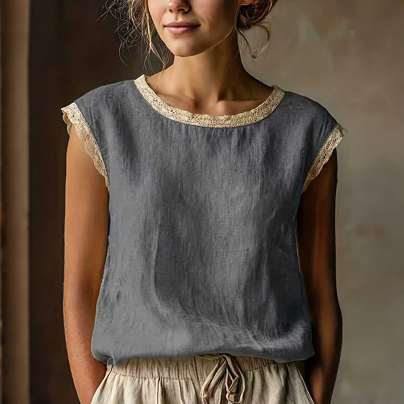Retro Loose Solid Color Round Neck Lace Patchwork Sleeveless T-shirt elevenforest
