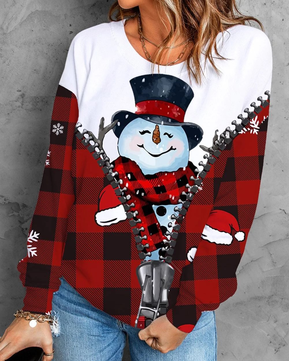 Fake Zip Snowman Print Sweatshirt