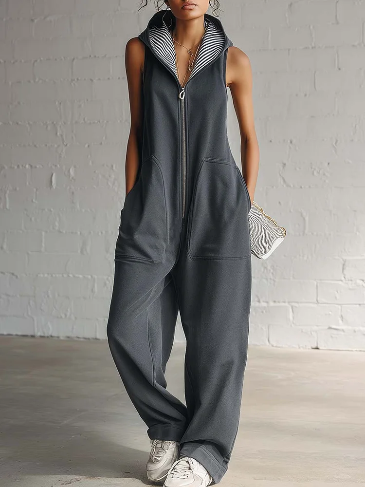 Casual And Cozy Hooded Zip-up Jumpsuit