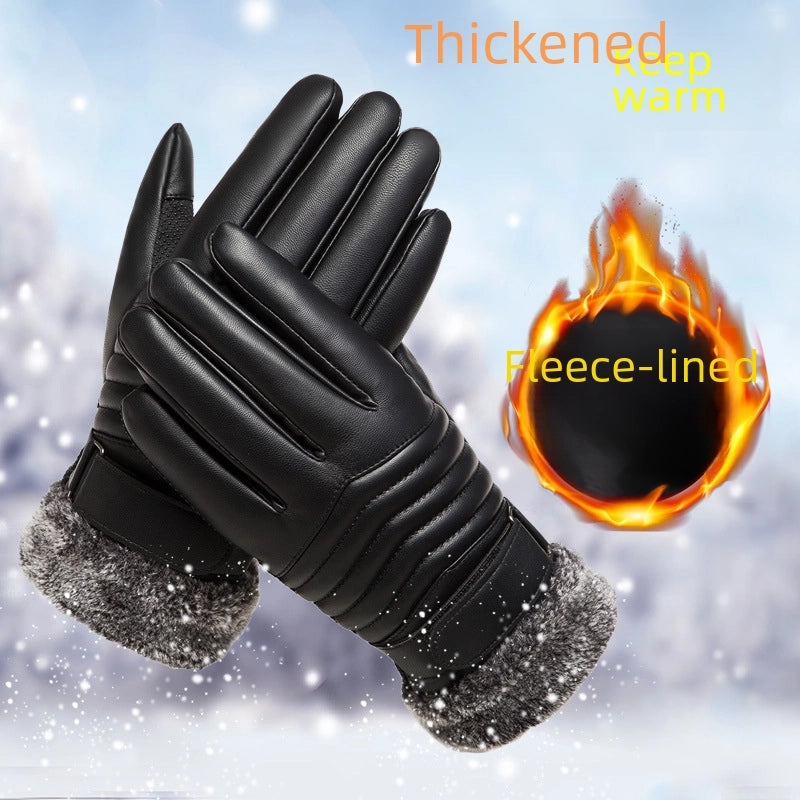Gloves Winter Men’s Wool Mouth Plus Velvet Warm Gloves Outdoor Riding Motorcycle PU Touch Screen Cotton Gloves