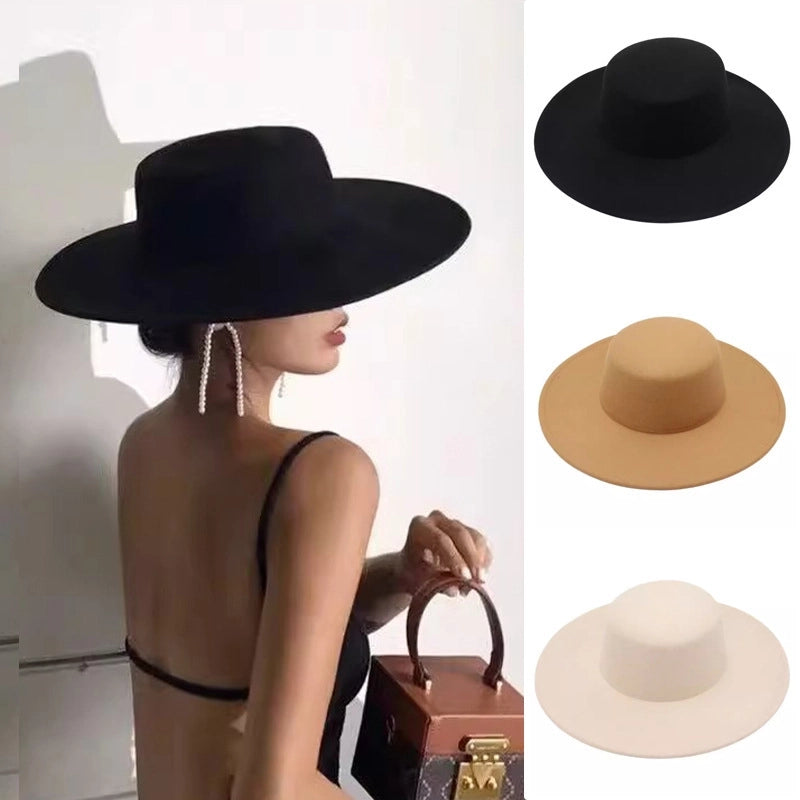 Special For Autumn And Winter Flat Top Woolen Hat Big Brim Felt Hat Female Jazz Hat French Hepburn Style