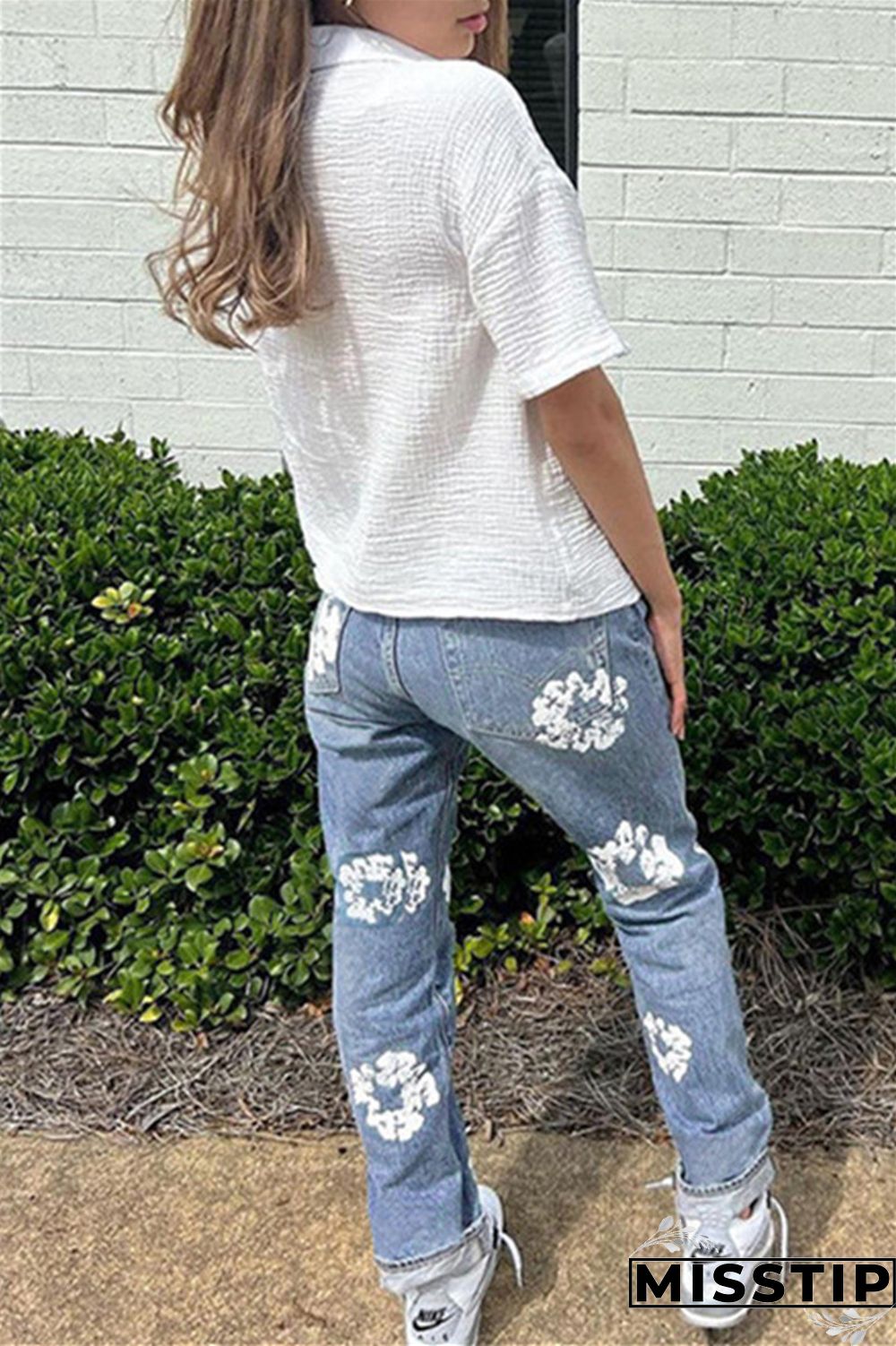 Blue Casual Print Patchwork High Waist Regular Denim Jeans