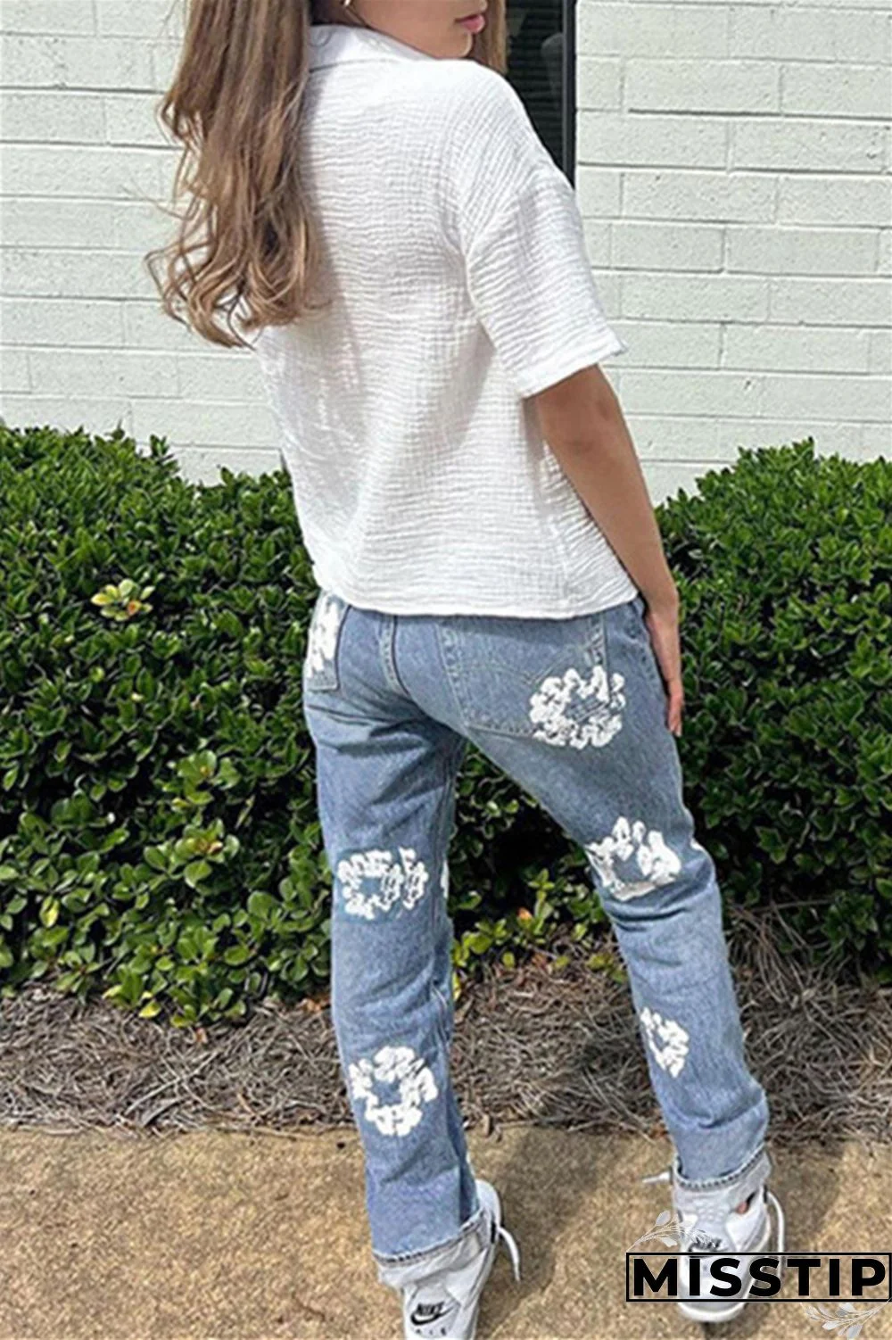 Blue Casual Print Patchwork High Waist Regular Denim Jeans
