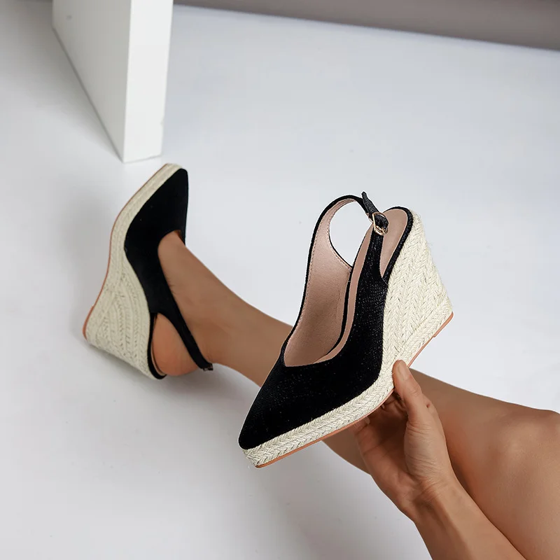 Wongn Wongn Thick Bottom High Heel Pointed Corduroy Women's Shoes After Empty Buckle Holiday Grass Hemp Rope Bottom