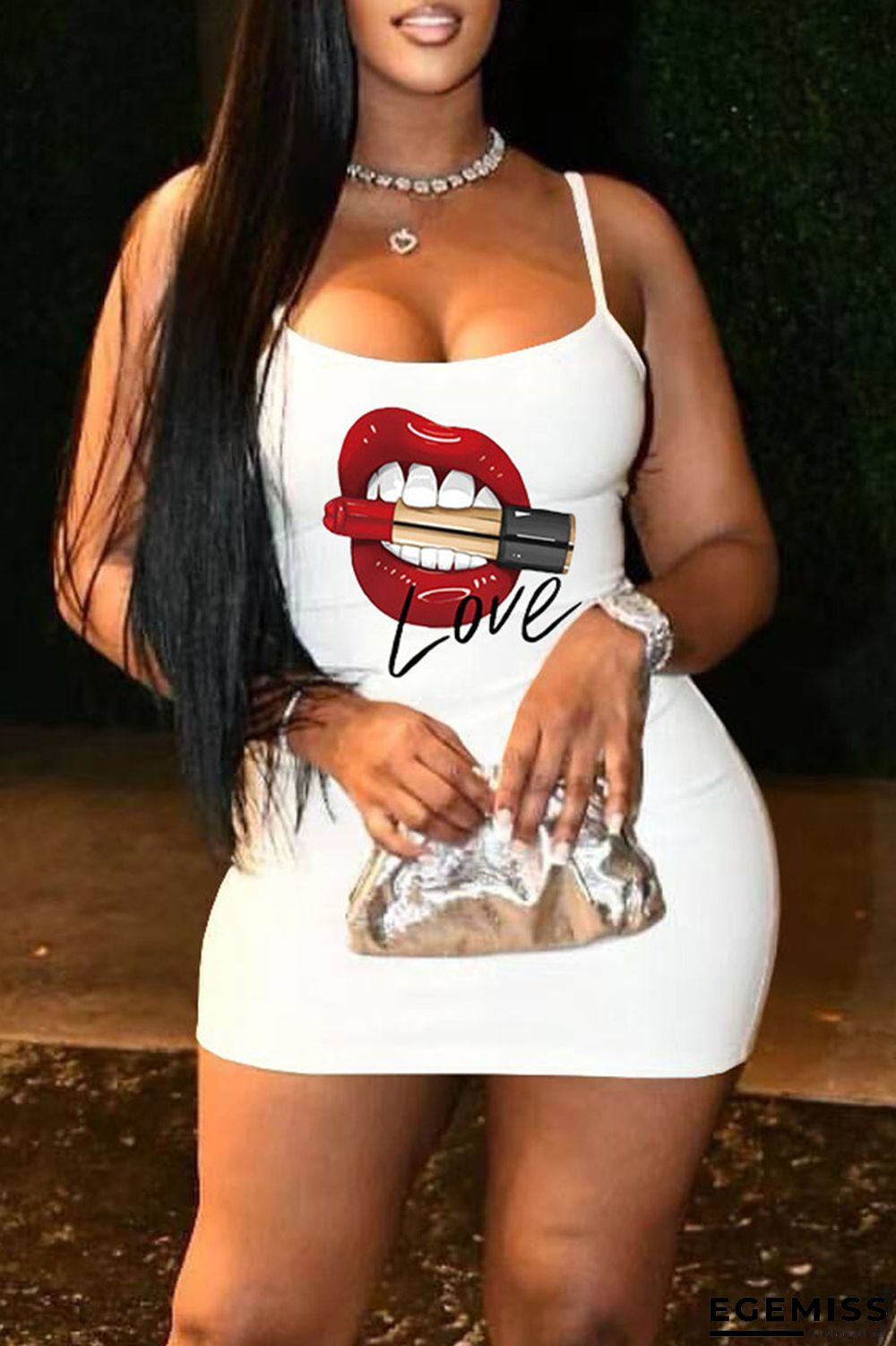 White Fashion Sexy Lips Printed Backless Spaghetti Strap Sleeveless Dress | EGEMISS