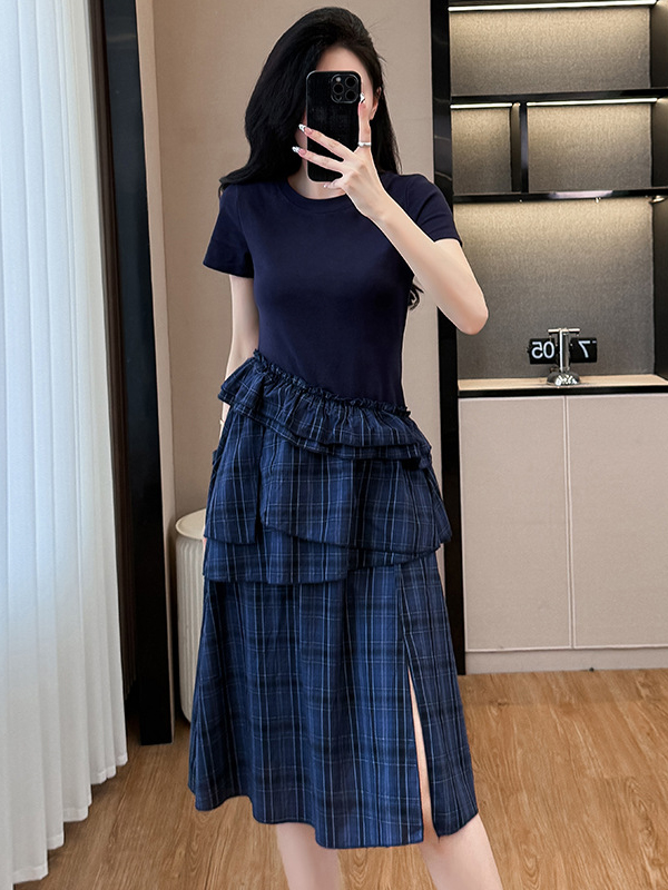 Patchwork Plaid Split Hem Short Sleeve Midi Dress