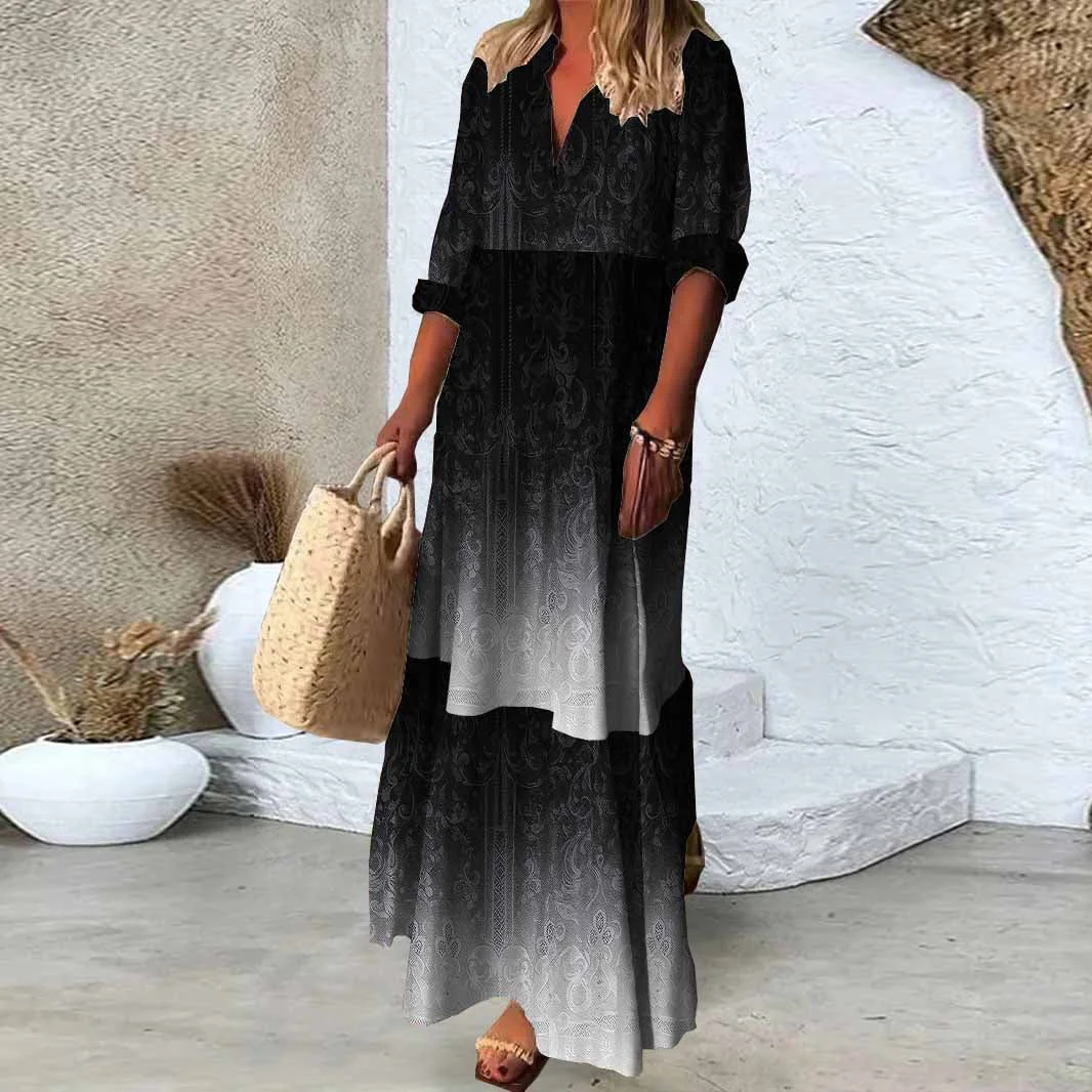 Women Gradient,Black,White DZDN0842 SPU Printed Long Sleeve V-neck Maxi Dress