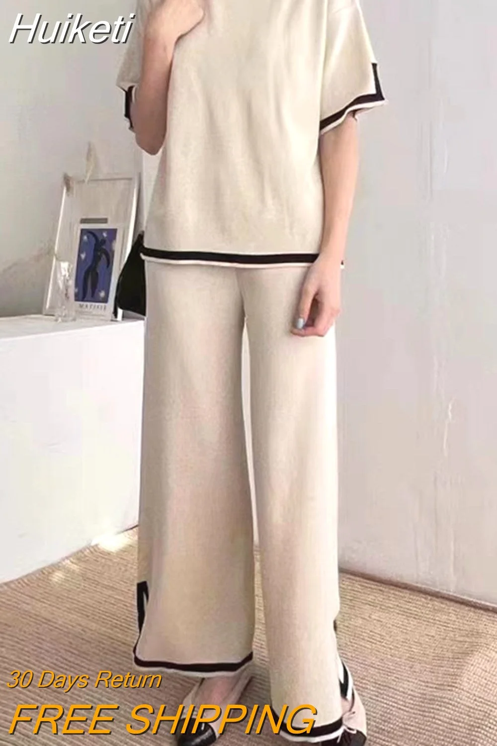 Huiketi Short Sleeve Top+high Waist Wide Leg Pants Womens Spring Summer Two Peice Sets New Fashion Loose Slim Knitted Tracksuit