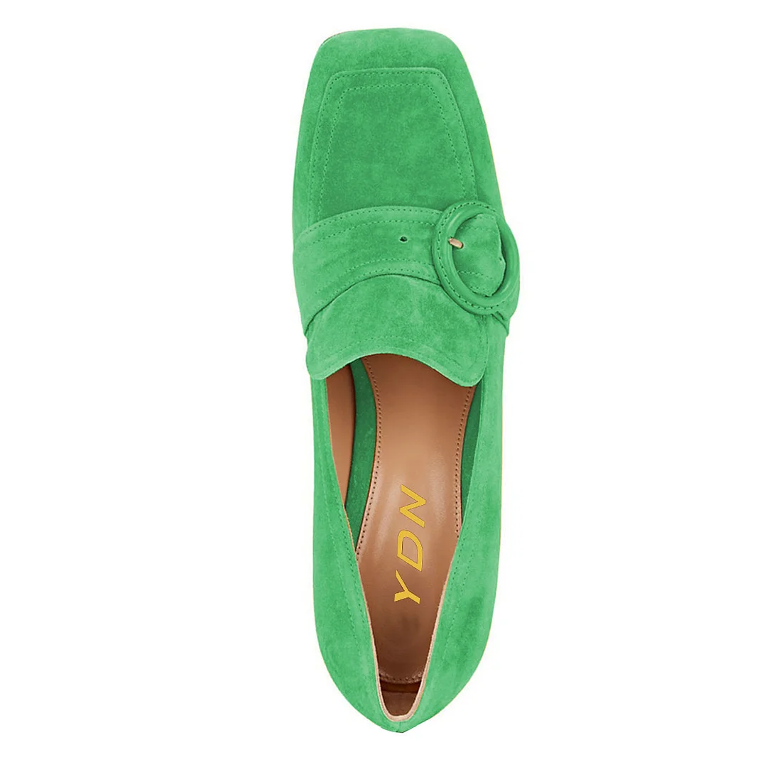 Green Vegan Suede Chunky Heel Square Toe Buckle Loafer Shoes Women