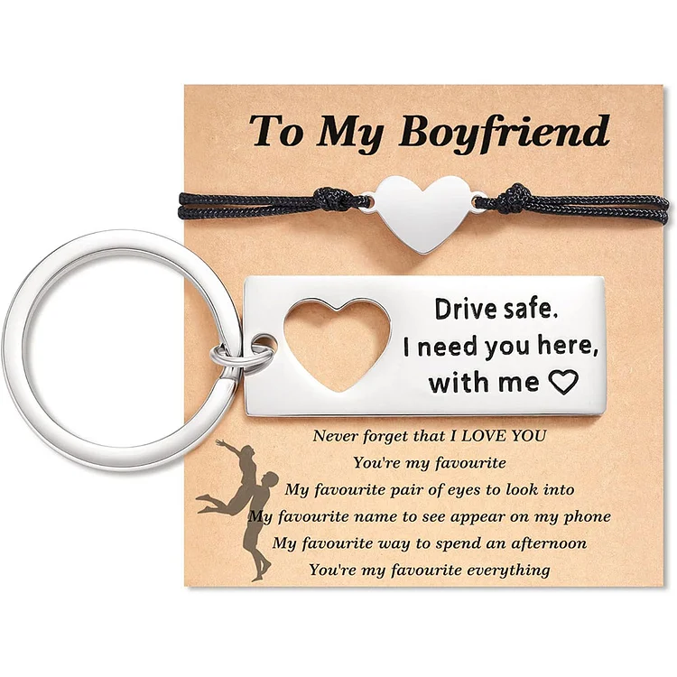 To My Boyfriend Matching Keychain Bracelet Set Heart Keychain Adjustable Bracelet Gifts for Couple - Drive Safe I Need You Here With Me