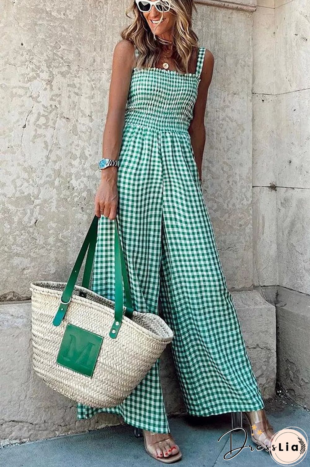 Plaid Smocked Wide Leg Jumpsuit