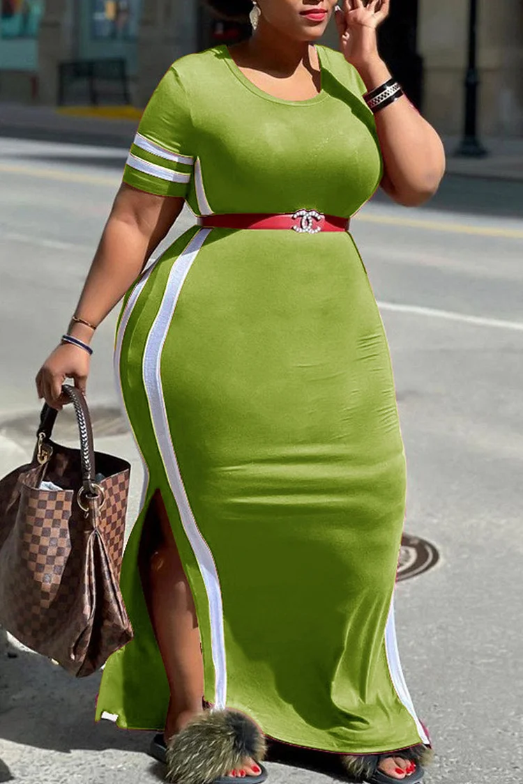 Army Green Fashion Casual Plus Size Solid Split Joint Slit O Neck Short Sleeve Dress (Without Belt)