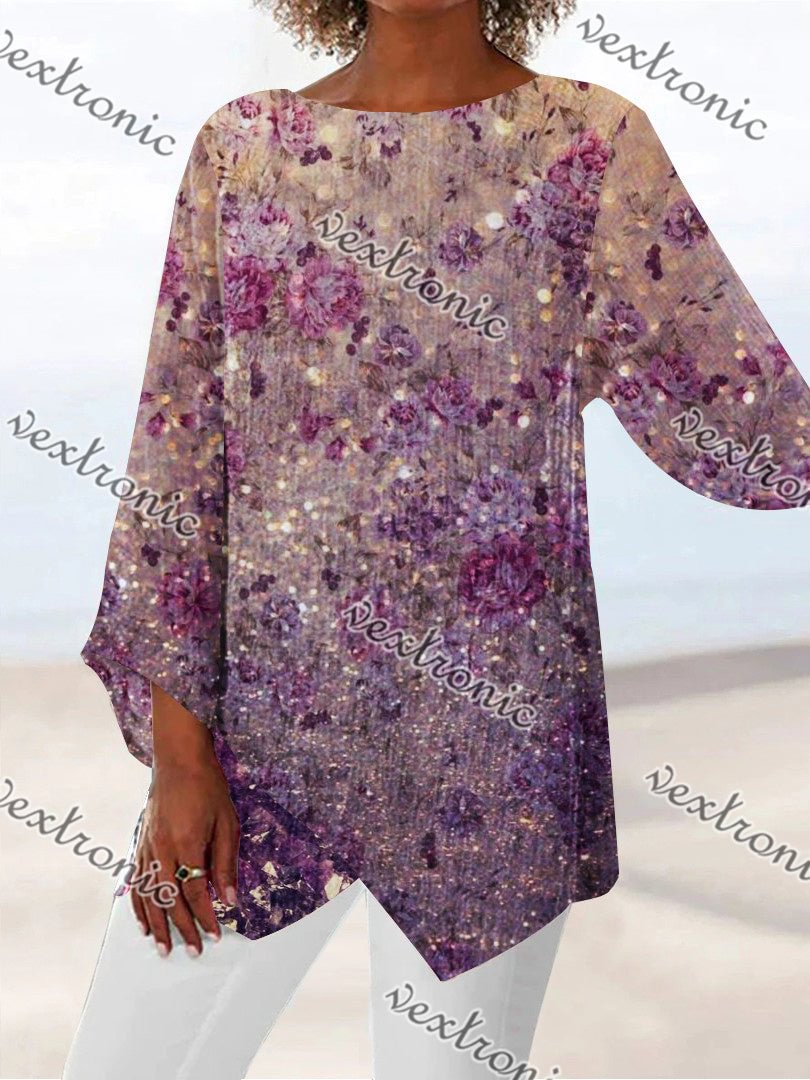 Women Asymmetrical 3/4 Sleeve Scoop Neck Floral Printed Tops