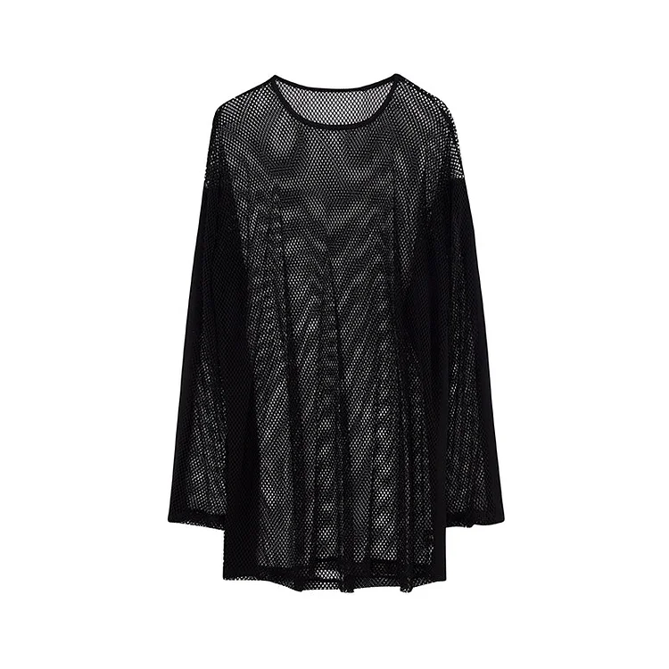 Dawfashion Techwear Streetwear-American Premium Cutout Design Long Sleeve T-shirt Mesh Layered Loose Top-Streetfashion-Darkwear-Techwear